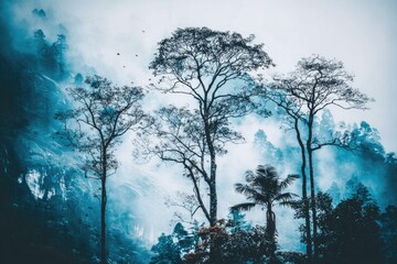 Silhouetted trees in a misty mountain landscape