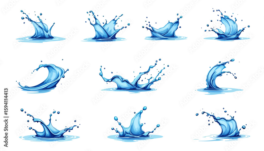 Poster a collection of vibrant blue water splash vector illustrations, perfect for design projects, featuri