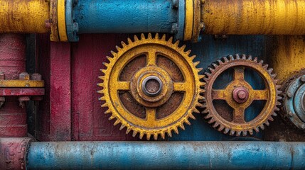 Colorful industrial gears and pipes.
