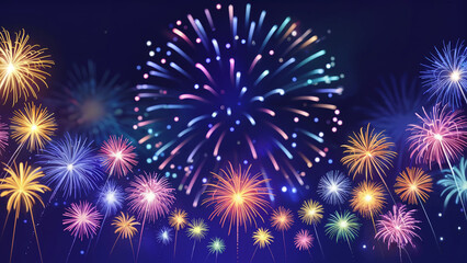 Vibrant and colorful fireworks explode across a dark night sky creating a dazzling display of light and celebration