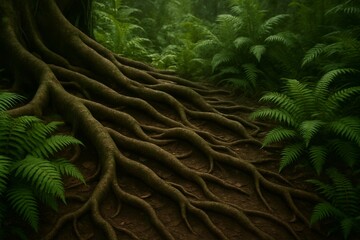 Lush Jungle Scene with Intricate Roots and Vibrant Ferns
