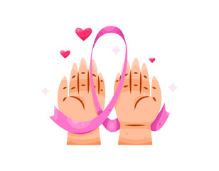A concept of awareness and support for cancer patients. Illustration of a hand with a pink ribbon and a heart symbol. care and health. World Cancer Day. Flat style. Asset elements