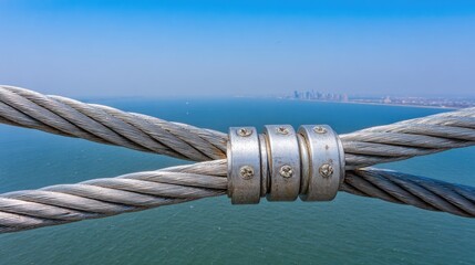 Close-up view of metal cable fasteners on a bridge.