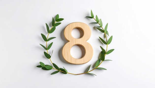 Wooden number eight framed by eucalyptus leaves
