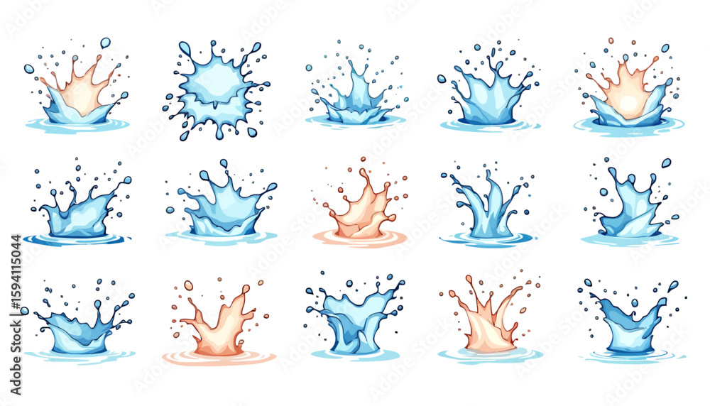 Poster high-quality vector png illustrations of various water splashes, perfect for adding a refreshing tou