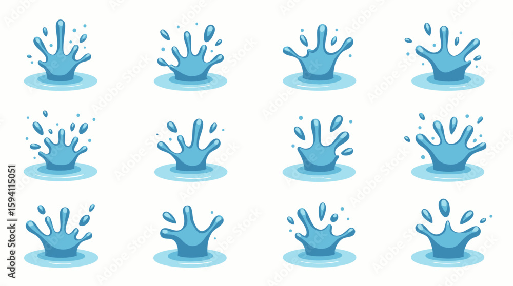 Poster a collection of stylized vector water splash illustrations in a variety of shapes and forms, perfect