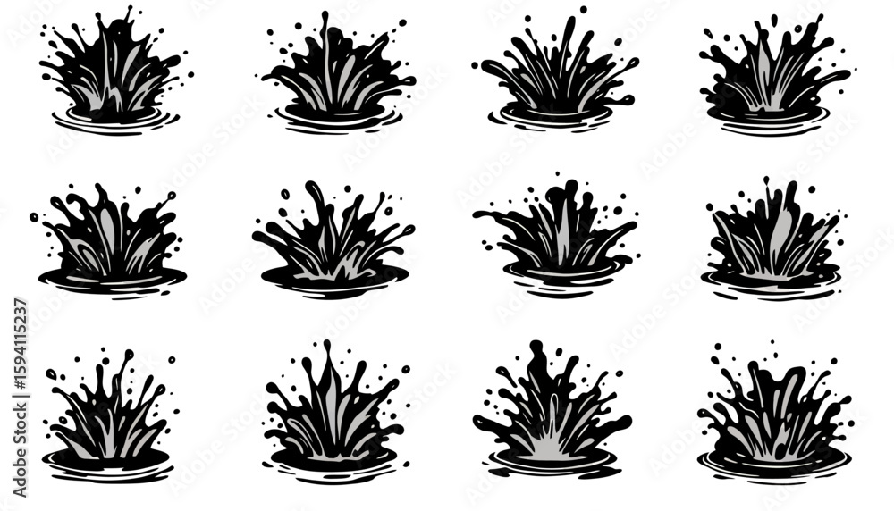 Poster high-resolution vector png of twelve water splash illustrations, perfect for adding dynamic liquid e