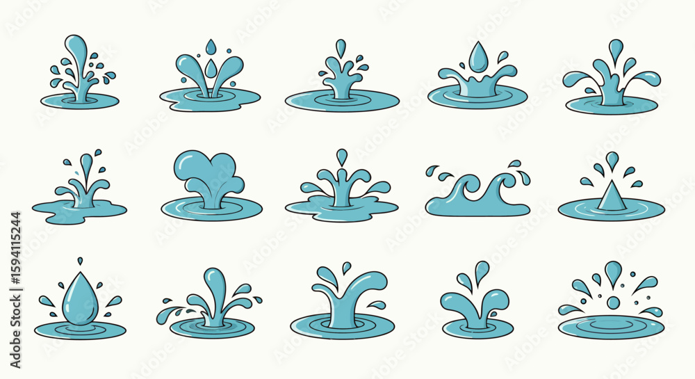 Poster a vector illustration showcases a collection of stylized water splash designs, perfect for graphic d