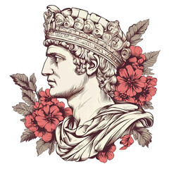 Ancient Roman Head Illustration with Floral Crown and Toga. Historical Portrait