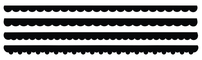 Vector set of black scalloped border divider and ornament edge isolated on white background. Scalloped edge borders and dividers.  