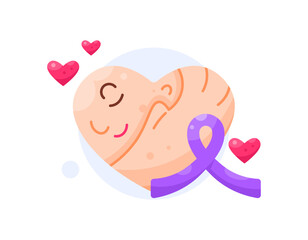 A concept of awareness and support for cancer sufferers. A heart symbol with an illustration of a bald woman being hugged by hands with a purple ribbon. Care and health. World Cancer Day. Flat style