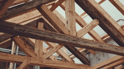 Close-up view of a wooden roof structure in construction.