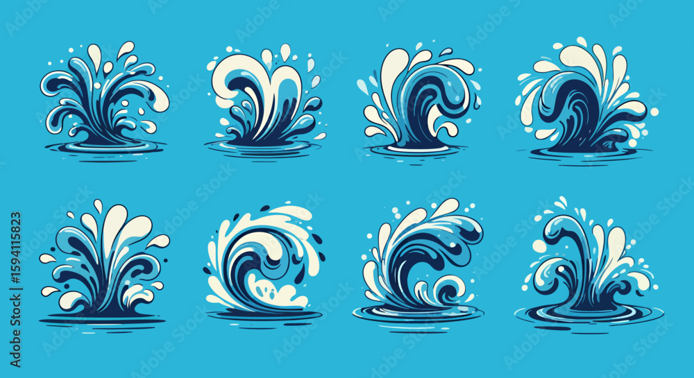 Poster a collection of vector illustrations showcases dynamic water splash elements in various forms, perfe
