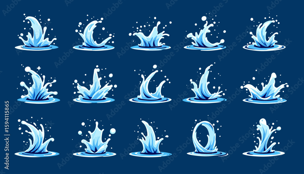 Poster dynamic collection of vector water splash elements, each a unique and vibrant design, perfect for ad