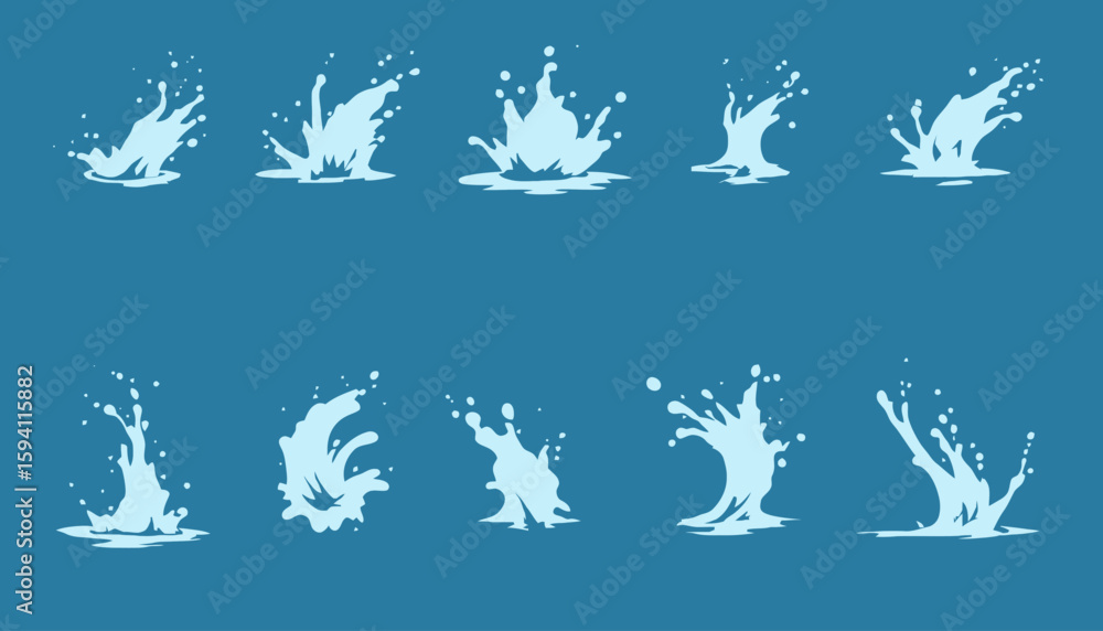 Poster collection of dynamic vector water splashes in various artistic styles, ideal for graphic design pro