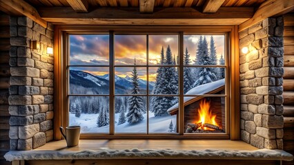 Cozy cabin window view of snowy mountains and fireplace