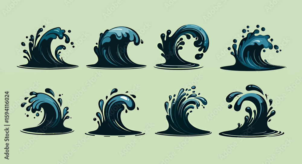 Poster dynamic vector illustration showcasing a collection of various water splashes and waves, isolated on