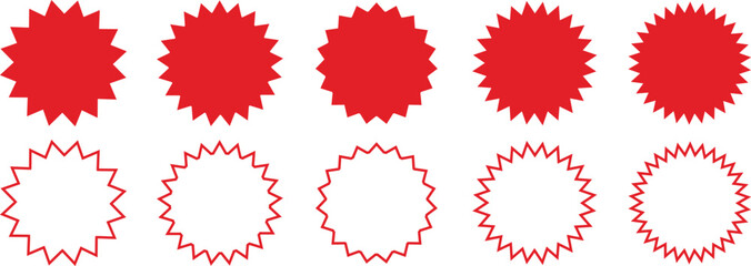 Set of red starburst, sunburst badges. Design elements for sale sticker, price tag and quality mark. Star burst shape abstract shape element. Special offer price tags. Starburst promotional