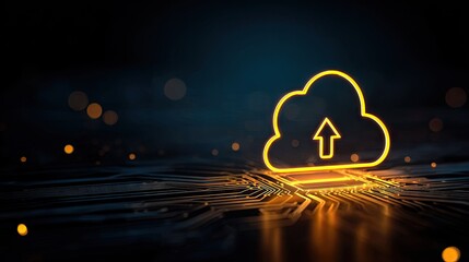 Illuminated cloud upload symbol on a circuit board.