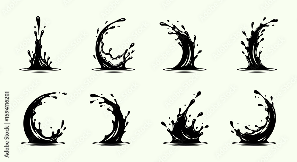 Poster dynamic black liquid splashes and waves captured in various fluid motion states, presented as clean 