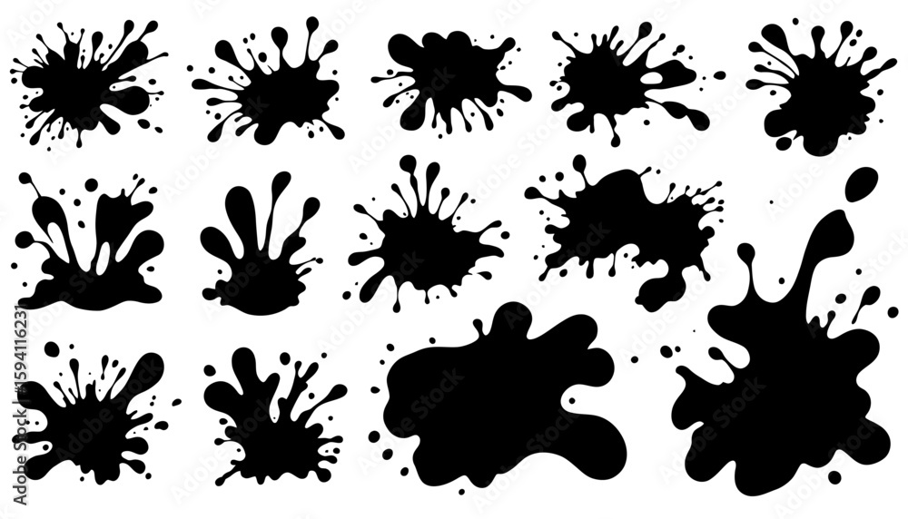 Poster high-resolution vector png set of 16 black ink water splashes, ideal for design projects needing a d