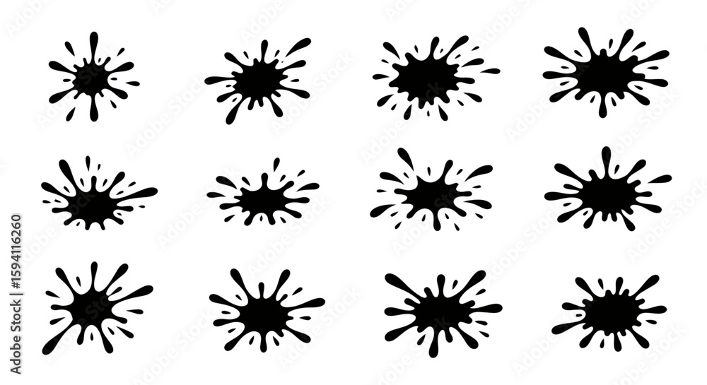 Poster a set of twelve black water splash vector illustrations, perfect for adding dynamic and energetic el