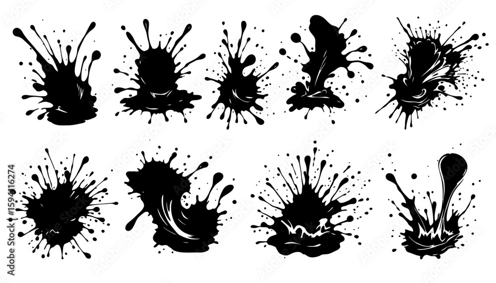 Poster dynamic vector set of black water splashes in various shapes, isolated on a white background, perfec