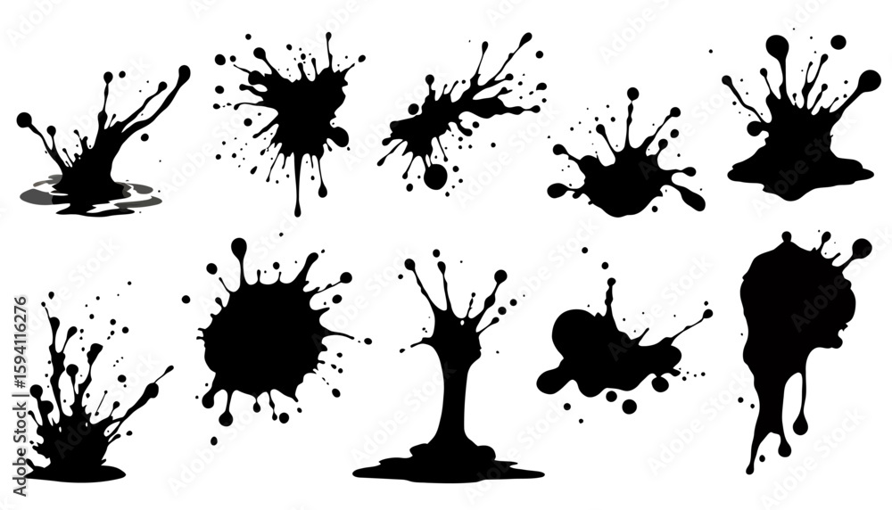 Poster dynamic black ink splashes and splatters in various abstract shapes, perfect for graphic design elem
