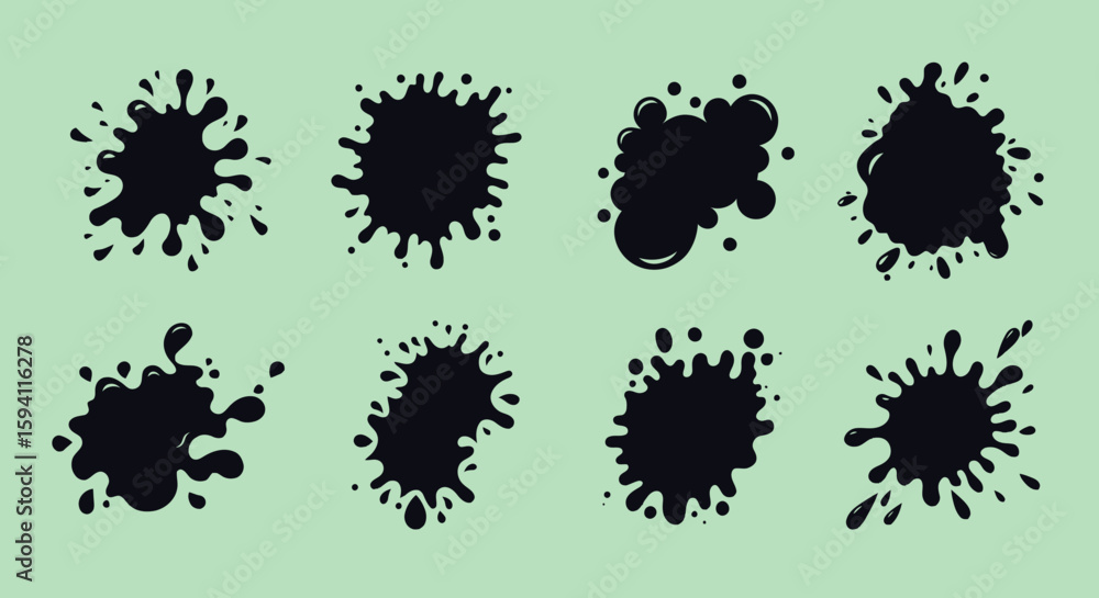 Poster a collection of dynamic black ink or paint splatters and splashes, presented as versatile vector gra