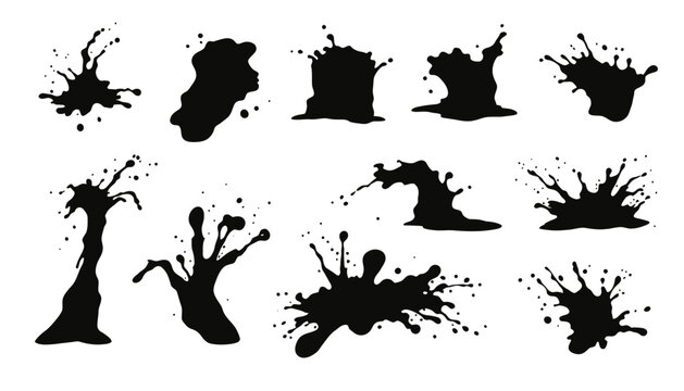 A diverse collection of dynamic black ink splashes and paint splatters, isolated on a clean white background, perfect for graphic design elements.