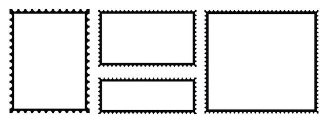 Set of blank postage stamps with empty paper. Post stamp frame and border. Rectangle shape frame with zigzag edges