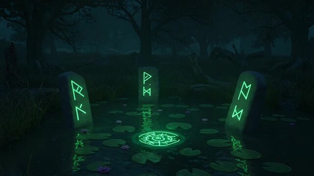 Glowing runestones in a mystical forest at night