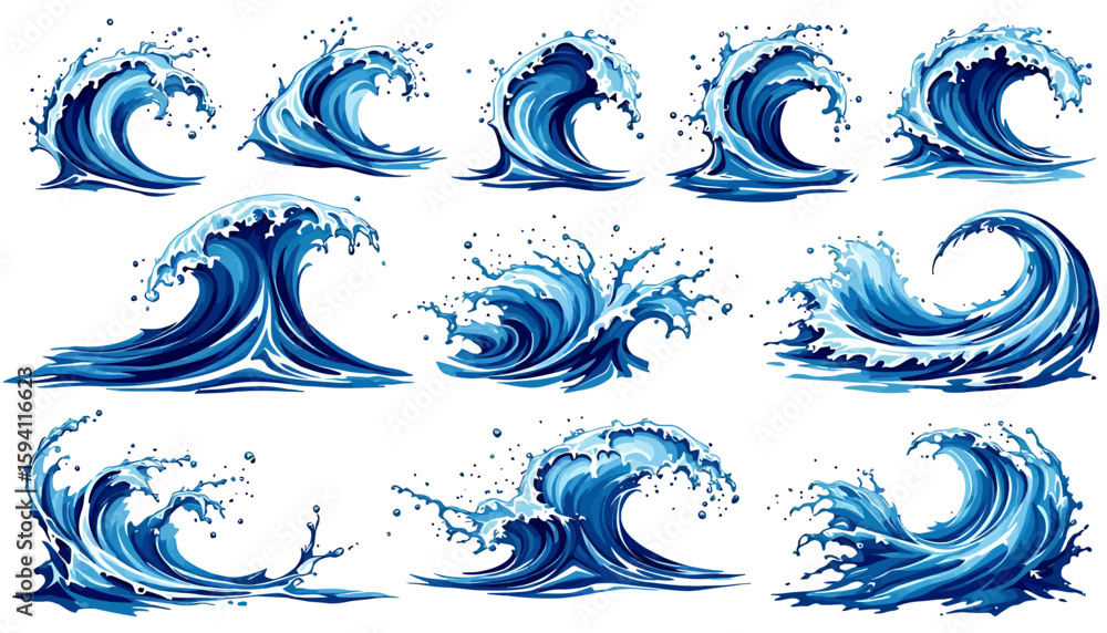 Aufkleber dynamic collection of stylized blue ocean waves and water splashes, rendered in a clean vector graph