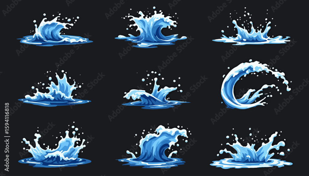 Poster a collection of dynamic blue water splashes and wave illustrations, perfect for adding fluid motion 