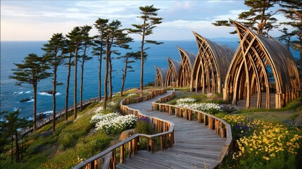 Wooden walkways and structures by the ocean.