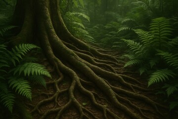 Verdant Jungle Scene Featuring Lush Roots and Ferns in Nature
