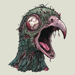 Savage Green Monster Head Illustration with Hooked Beak and Grotesque Features. Dark Fantasy Beast
