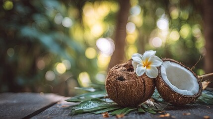 Two halves of a coconut with a plumeria flower.
