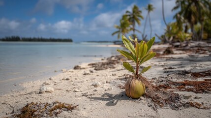 Young coconut sprout emerging from the sand on a tropical beach.