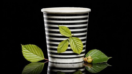 Striped paper cup with fresh green leaves.