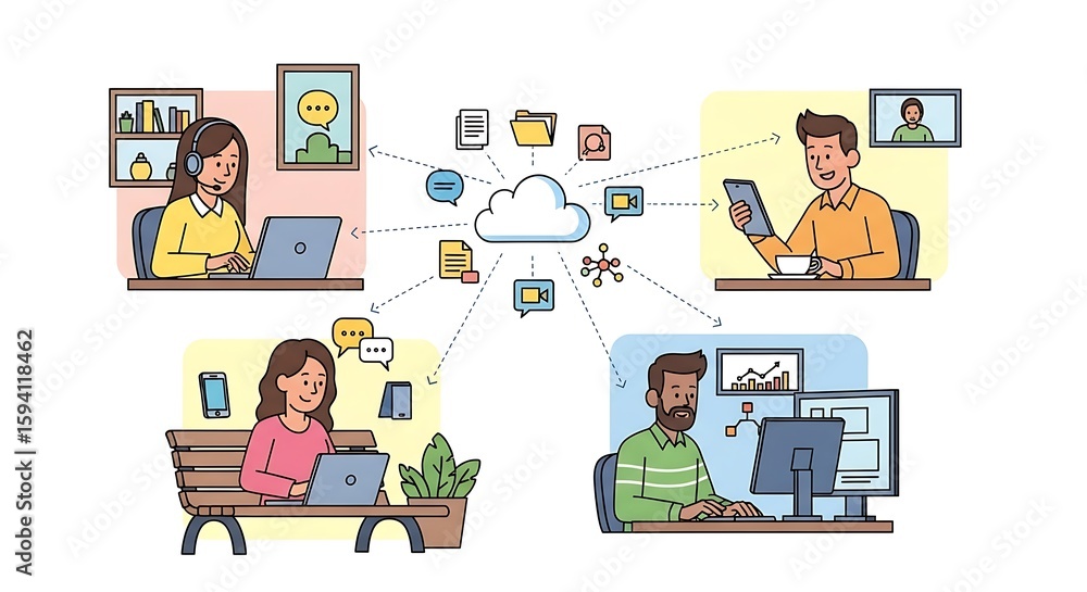 Aufkleber diverse team members working remotely connected to a cloud network.