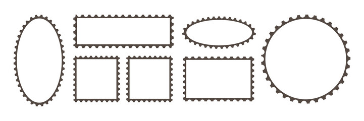 Set of vintage rectangle and circle postage stamps. Postage stamp icons. Mockup postage stamps. Blank postage stamp borders template. Postage Stamps in flat design 