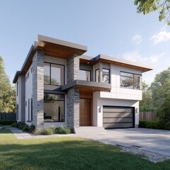 Modern two-story house, white stucco, stone accents, flat roof sections, large windows, double garage