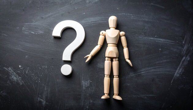 A wooden mannequin gestures toward a large wooden question mark in front of a chalkboard with a faint chalk-drawn question mark—evoking curiosity, reflection, and the pursuit of knowledge. - Powered by Adobe