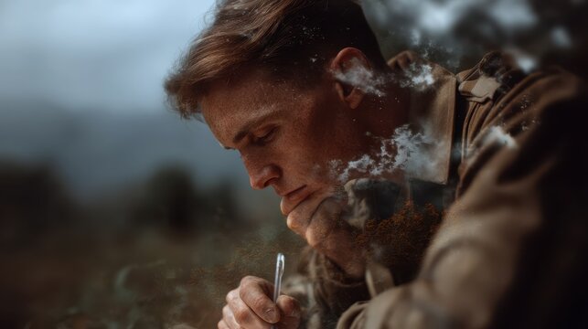 Soldier deep in thought writing letter in tranquil setting - Powered by Adobe