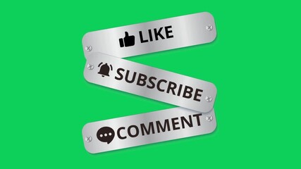 Like comment subscribe in a silver metal plate on a green screen for online content engagement. 4K social Media end video template