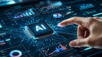 Human finger interacting with a glowing ai chip surrounded by futuristic digital data visualizations and circuit board patterns