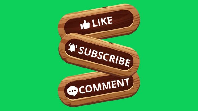 Like comment subscribe in a brown wood box on a green screen for online content engagement. 4K social Media end video template