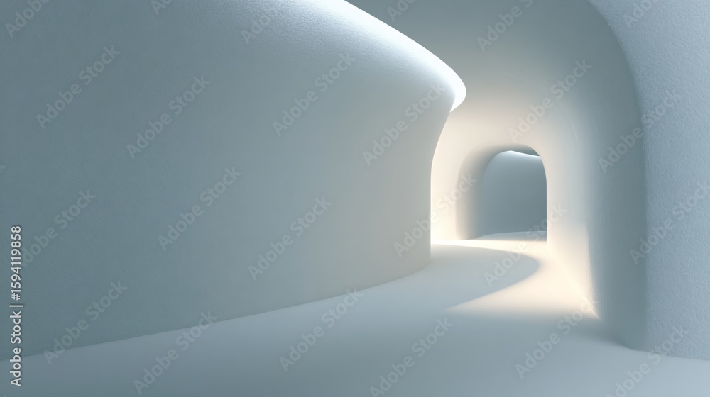 Poster minimalist architecture displays a smooth, white tunnel illuminated by ambient light and gentle