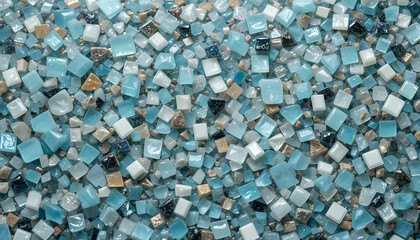 Modern terrazzo-style surface made from recycled glass and stone fragments, showcasing a cool blue and white palette.